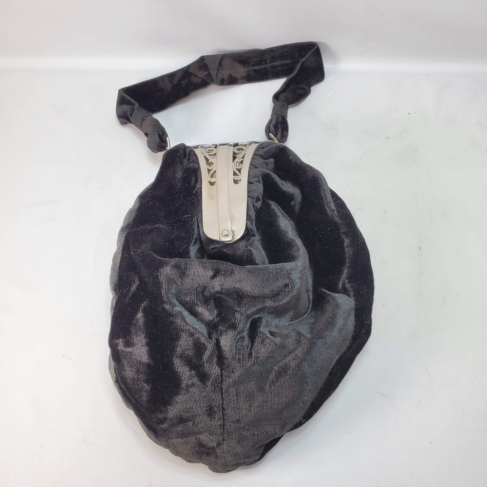 VTG Black Velvet Chatelaine Evening Bag Filigree Clasp Mirror Coin Purse Pencil